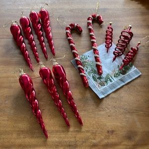 Red glass and fancy Christmas ornament lot 12 pieces